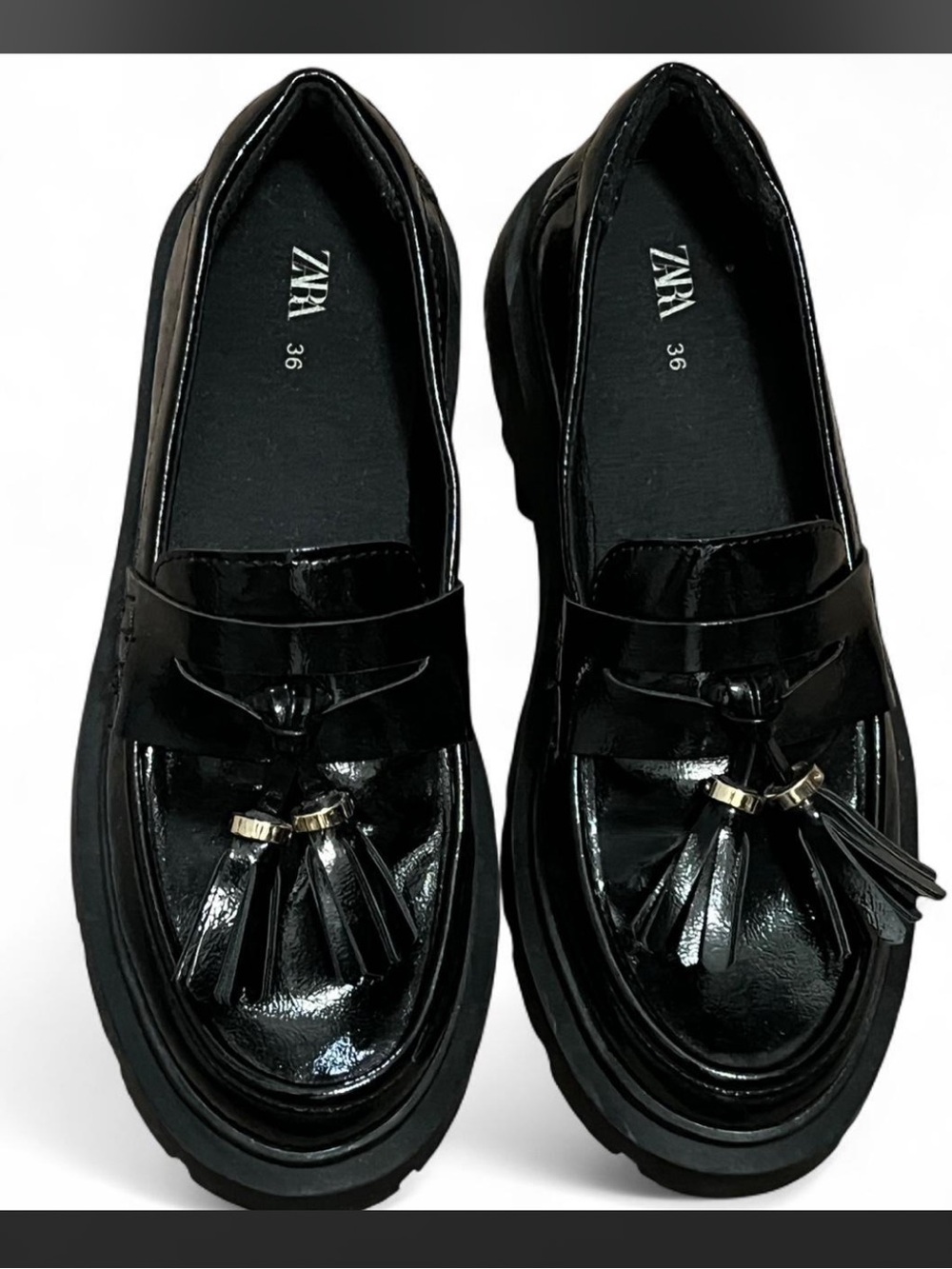 ZARA Black Patent Tassel Penny Loafers